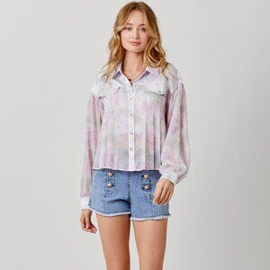 Mystree Pastel Watercolor Floral Button Front Blouse Sheer Boho Romantic Top